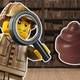 A Lego man uses a magnifying glass to look closely at some hovering Lego poop.